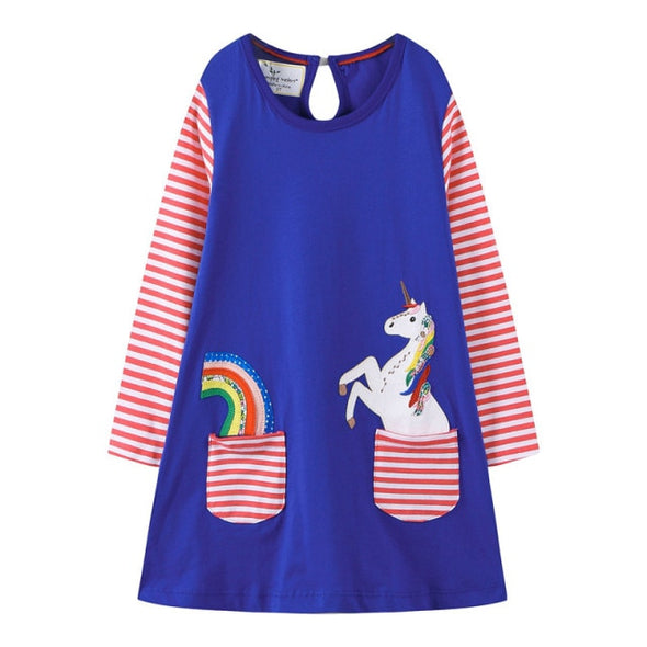 Striped Unicorn Design Long-sleeve Dress
