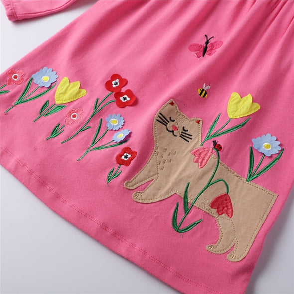 Cat & Flower Design Long-sleeve¬†Dress