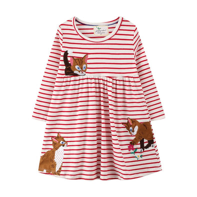 Striped Cat Design Long-sleeve Dress
